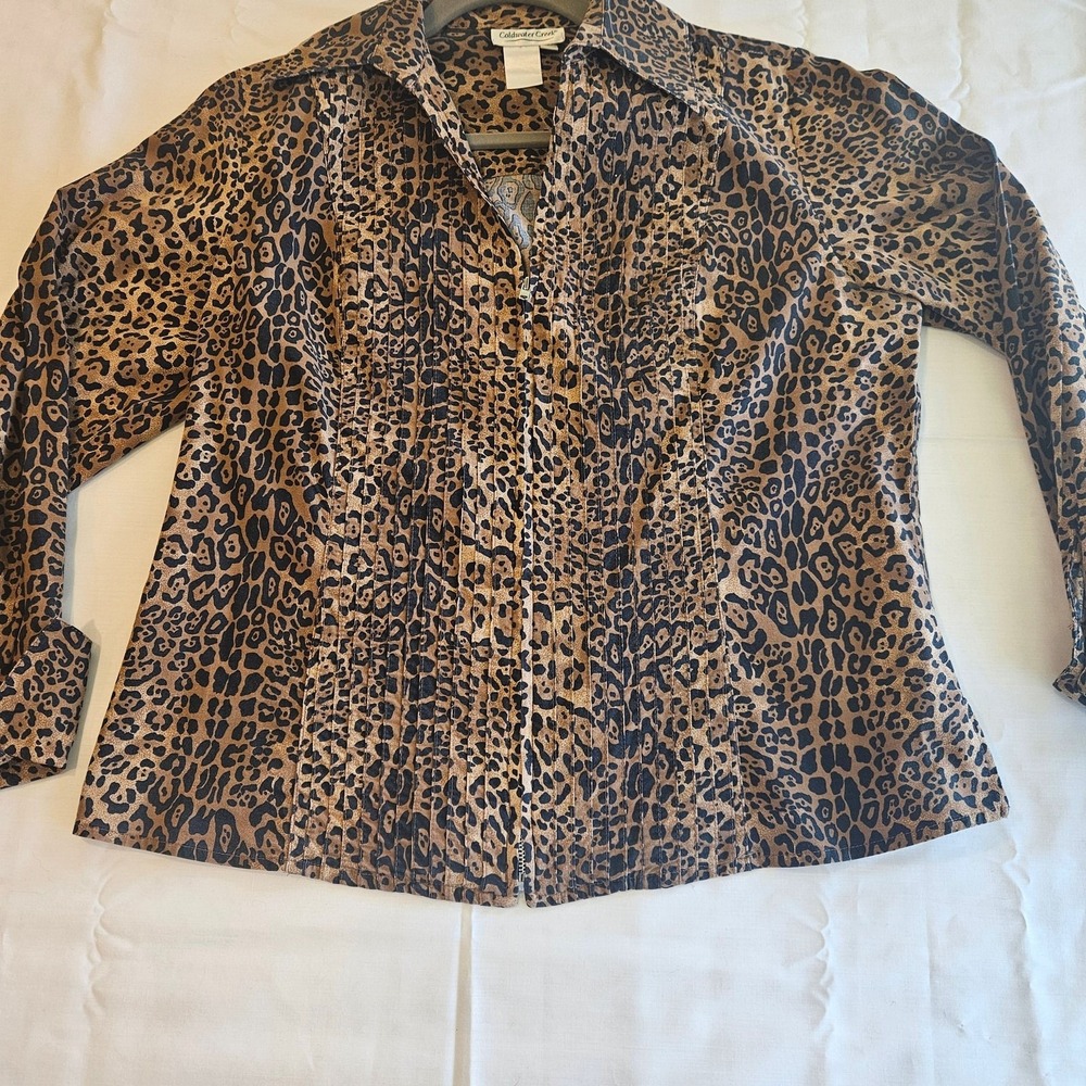 COLDWATER CREEK Stretch Cotton Animal Print Zipโ Blouse PM